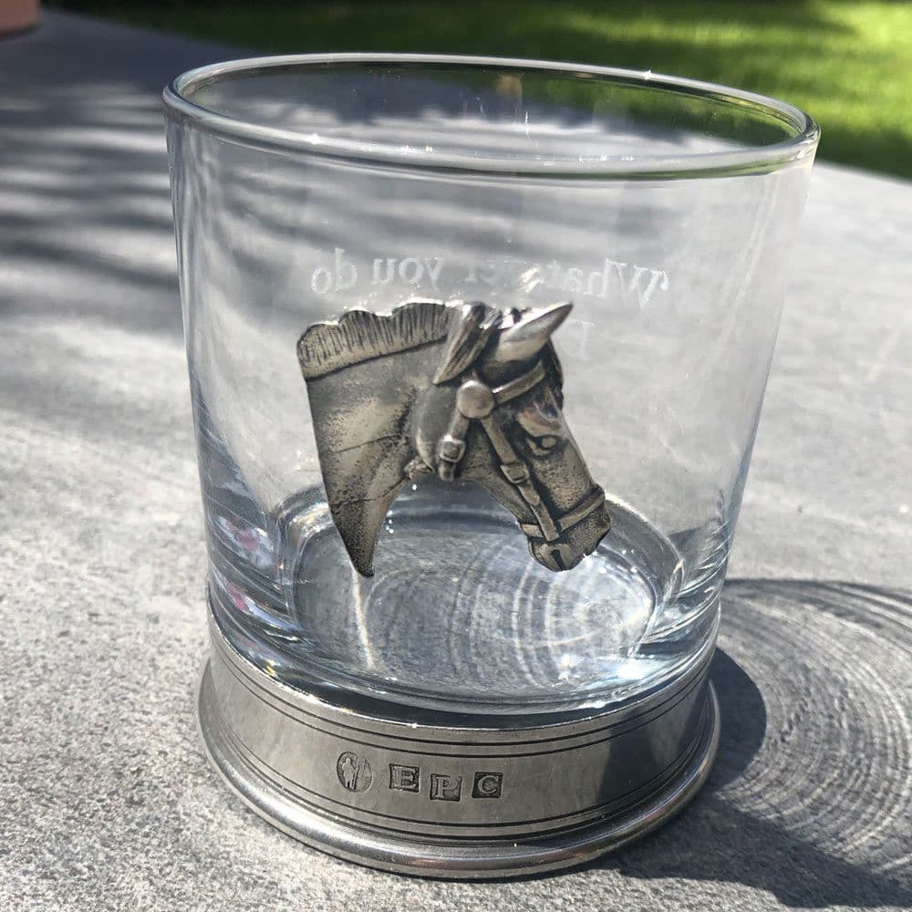 Engraved Glass Tumbler - Pewter Horses Head