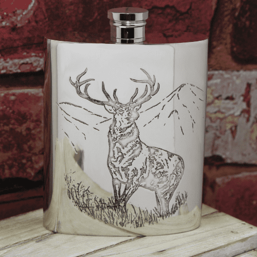 Engraved Pewter Stag Hip Flask