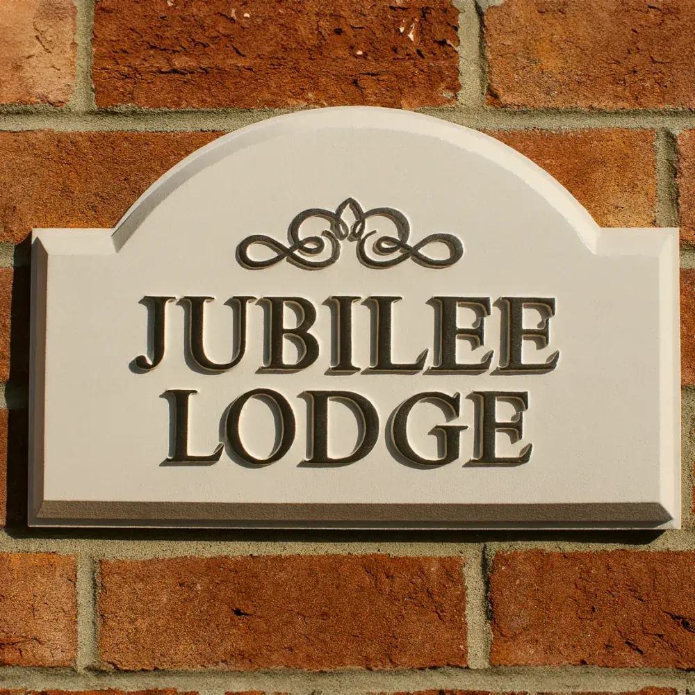 Hand Painted Arch Top Cast Sign STSR1 - 2 lines of straight text with a scroll & Chamfered edge