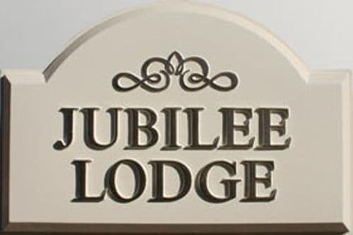 Hand Painted Arch Top Cast Sign STSR1 - 2 lines of straight text with a scroll & Chamfered edge