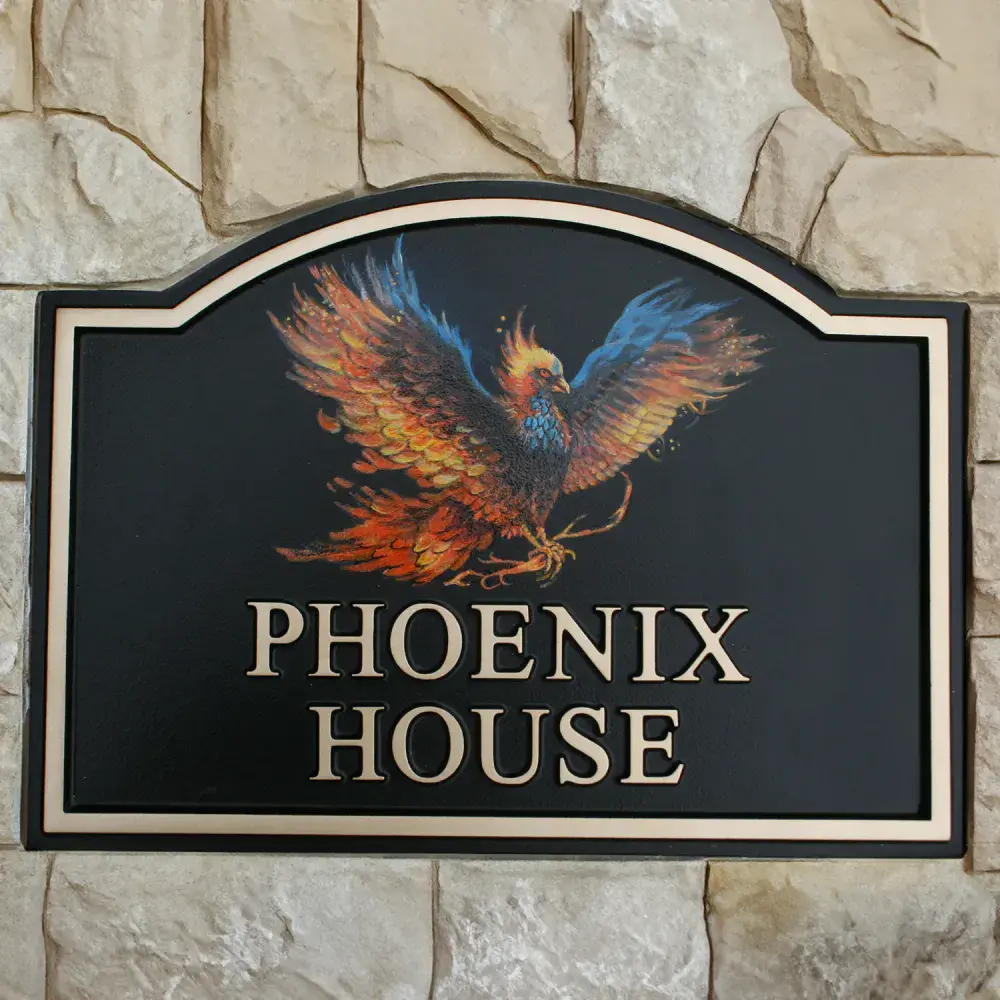 Hand Painted Arch Top Cast Sign STSR3 - 2 lines of Straight Text with Motif and Inset Border