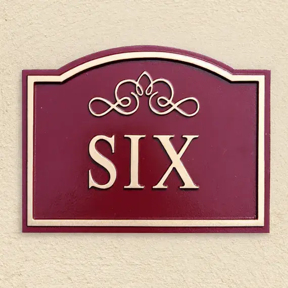 Hand Painted Arch Top Cast Sign STSR5 - 1 Line of Straight Text with inset Border & Scroll