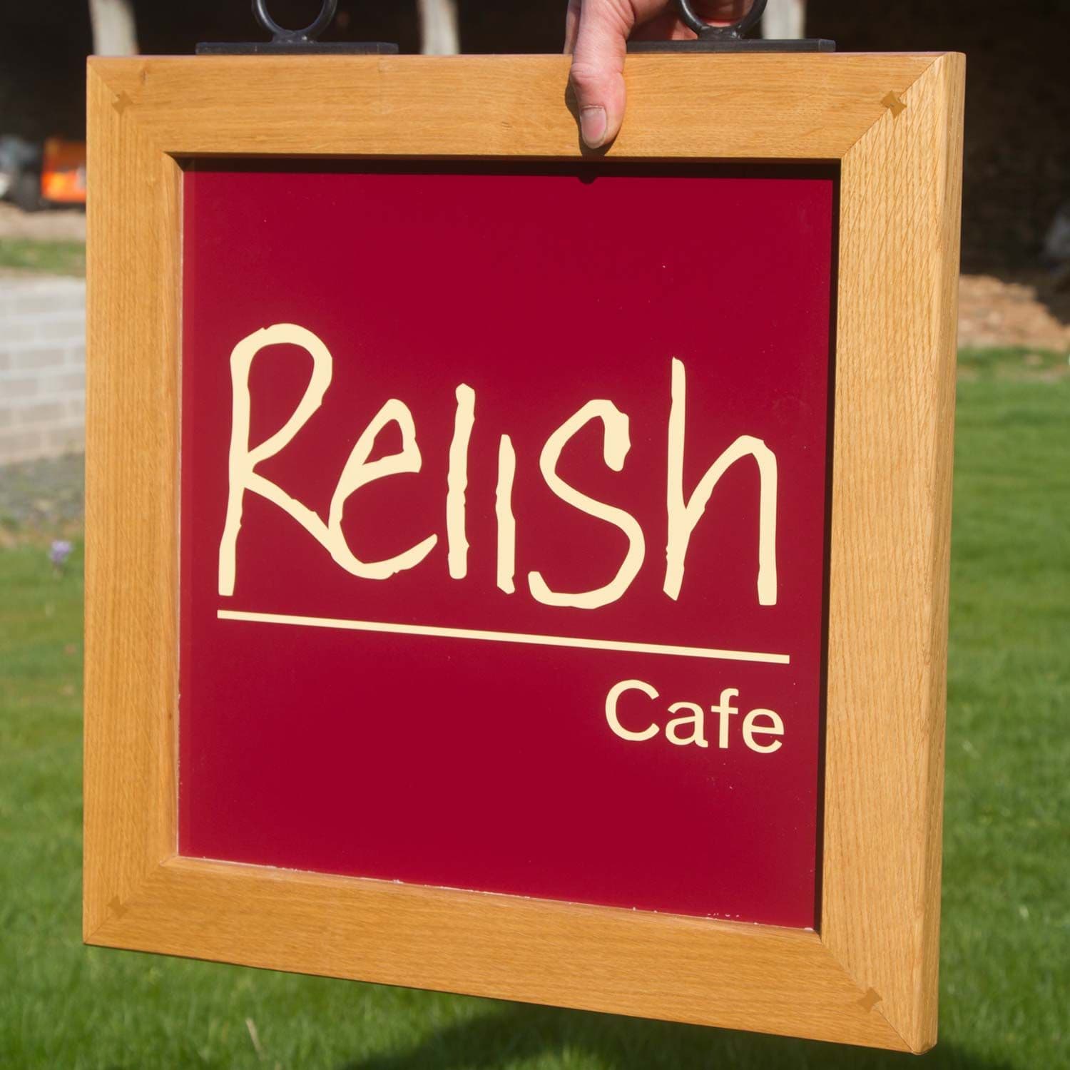 Double sided hanging sign with Oak frame | The Sign Maker Shop