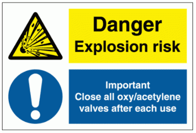 Hazard Sign -Danger Explosion Risk, Important Close all oxy/acetylene valves after each use (3101)
