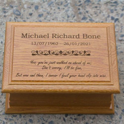Standard Oak Casket With Laser Engraved Top | The Sign Maker Shop