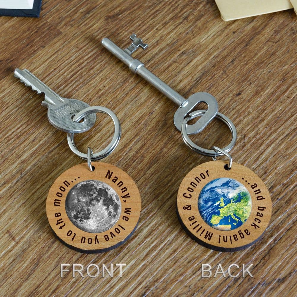 Moon & Back- Wooden Key Ring - Double Sided