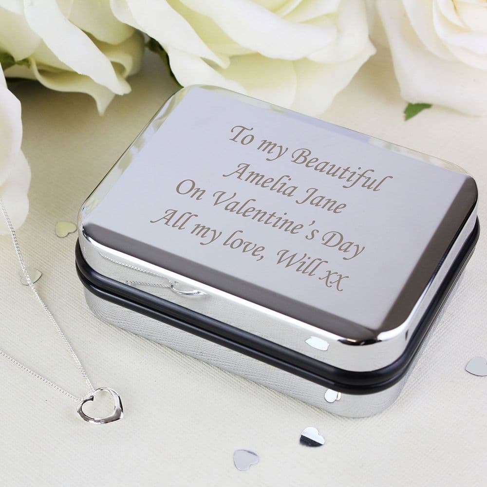 Personalised Chrome Gift Box with Stering Silver Heart Necklace