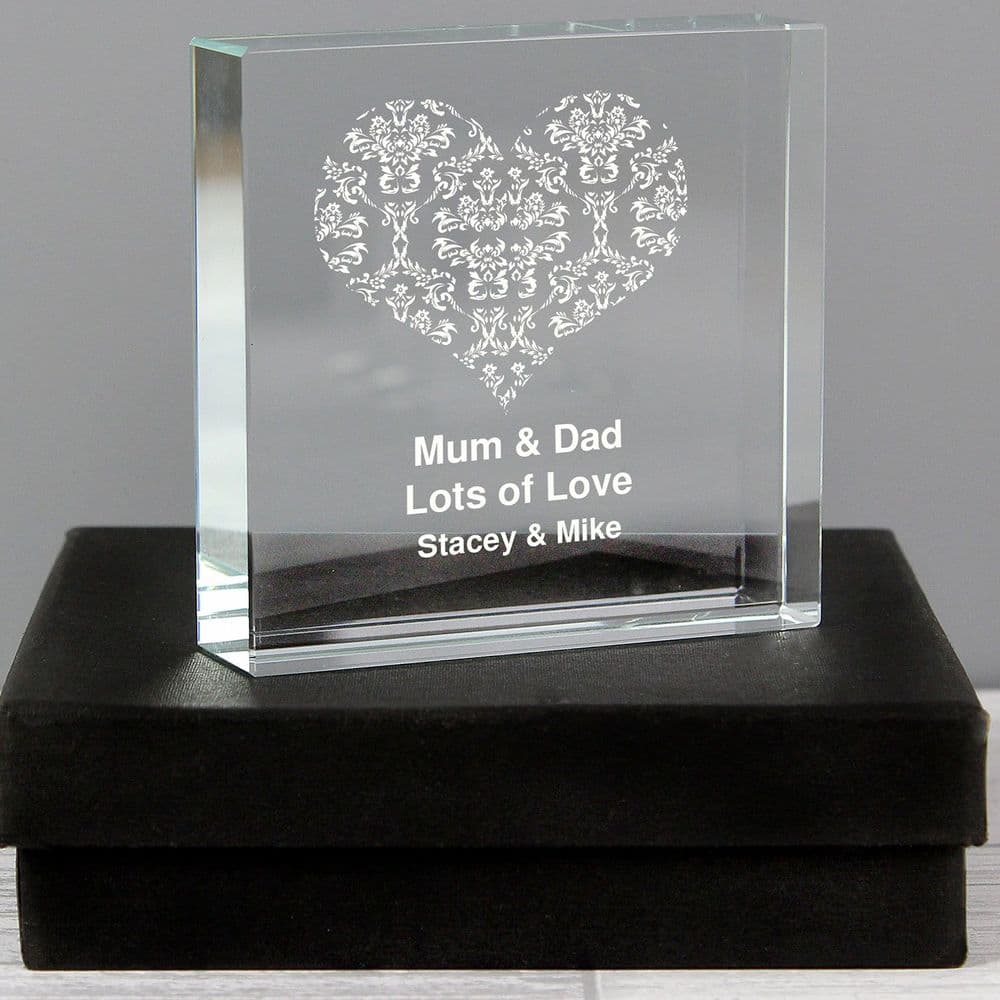 Personalised Damask White Heart Crystal Block