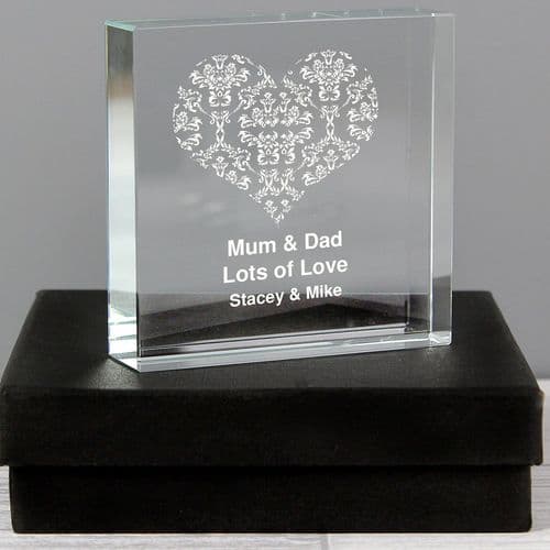 Engraved Damask White Heart Crystal Block | The Sign Maker Shop