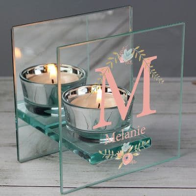 Personalised  Mirrored Glass Tea Light Candle Holder - Floral Bouquet