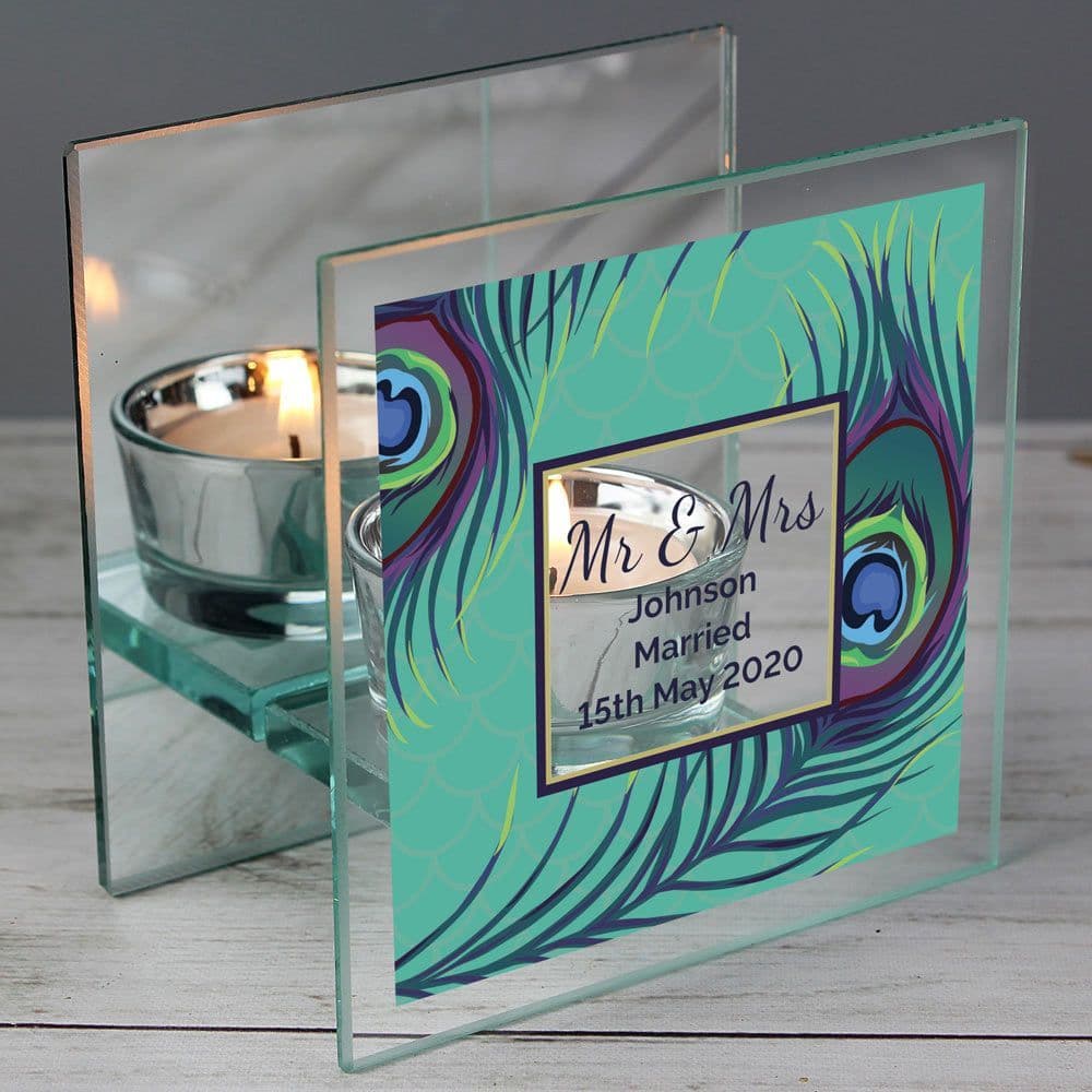 Personalised Mirrored Glass Tea Light Candle Holder - Peacock Design