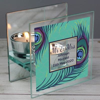 Personalised  Mirrored Glass Tea Light Candle Holder  - Peacock Design