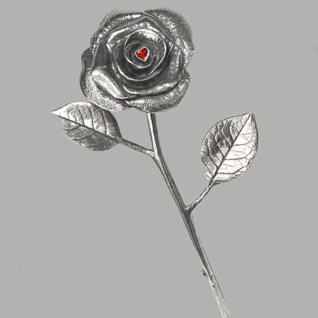 Pewter Rose with Red Crystal Heart