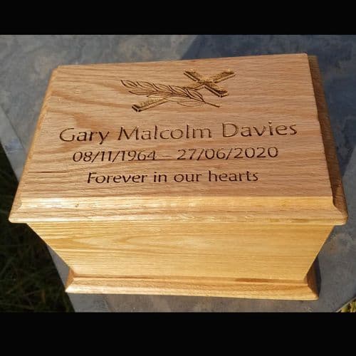 Tall Oak Casket with Engraved Plaque | The Sign Maker Shop