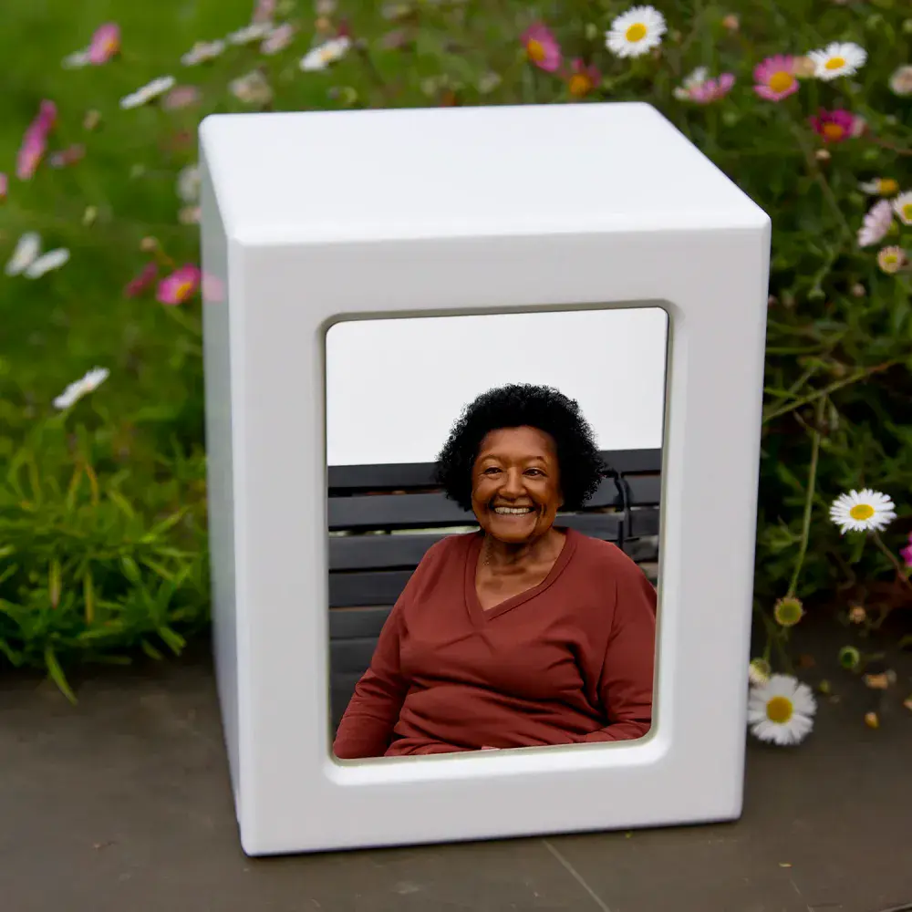 White Wooden Ashes Urn with Photo Front