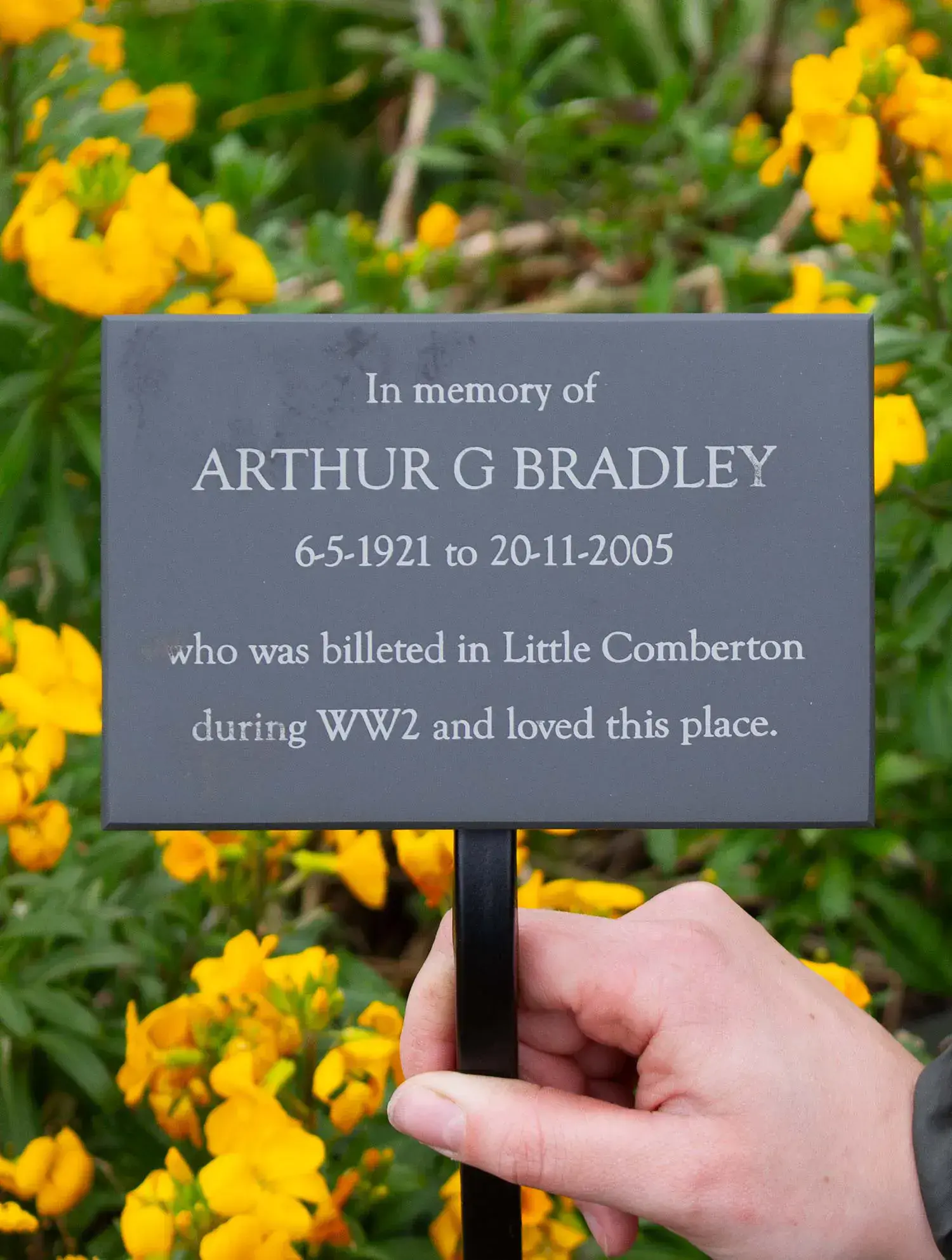 Laser engraved slate on wrought iron tree stake