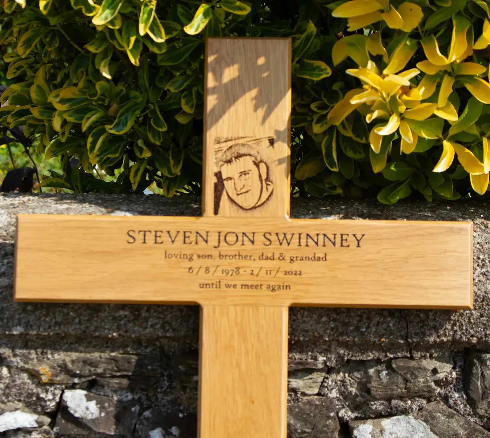 Oak cross with laser etched image.