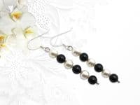 Long Black & White Pearls Sterling Silver Earrings - 45mm or 59mm Drop | Handmade With Pearls From Austria | Silver Sensations