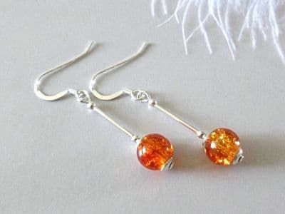 Amber Orange Crackle Glass Earrings With Sterling Silver Tubes