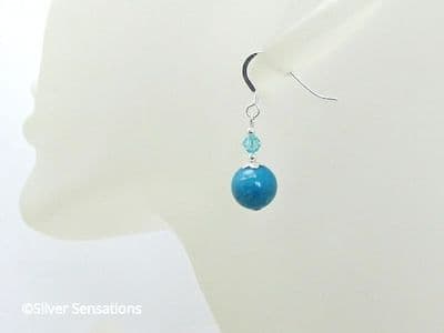 Aqua Blue Impression Jasper & Sterling Silver Earrings With Austrian Crystals