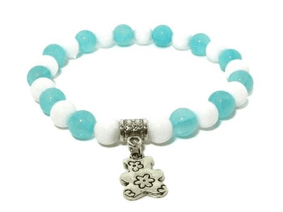 Aqua Blue Jade & White Agate Fashion Beaded Bracelet With Silver Teddy Charm