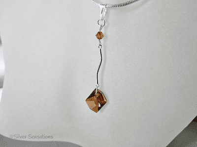 Austrian Made Burnt Orange Copper Cosmic Crystal & Sterling Silver Bar Pendant