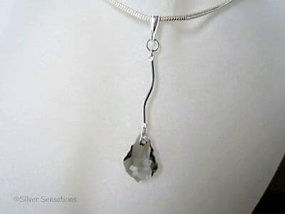Austrian Made Smokey Grey Baroque Crystal & Sterling Silver Curved Bar Pendant