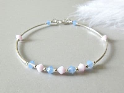 Baby Blue & Pink Austrian Crystals Bangle Bracelet With Sterling Silver Curve Tubes