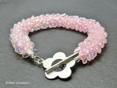 Baby Pastel Pink Beaded & Woven Petals Kumihimo Seed Bead Bracelet