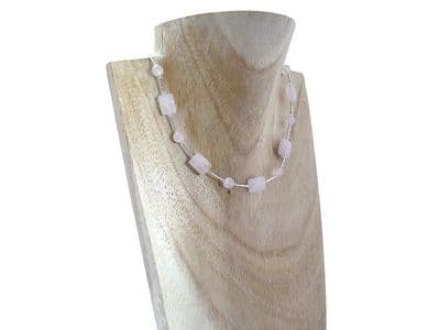Baby Pink Rose Quartz Faceted Oblongs Necklace With Sterling Silver