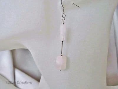 Baby Pink Rose Quartz Faceted Oblongs, Tubes & Sterling Silver Tube Earrings