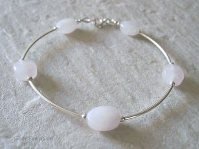 Baby Pink Rose Quartz Faceted Ovals & Sterling Silver Curve Tubes Bracelet