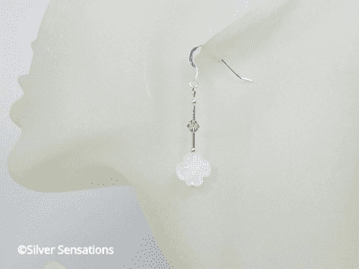 Baby Pink Rose Quartz Flower & Sterling Silver Tube Earrings