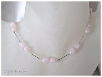 Baby Pink Rose Quartz Pear Drops & Sterling Silver Designer Necklace