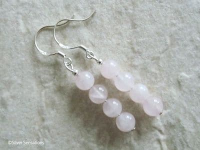 Baby Pink Rose Quartz Round Stack Sterling Silver Earrings