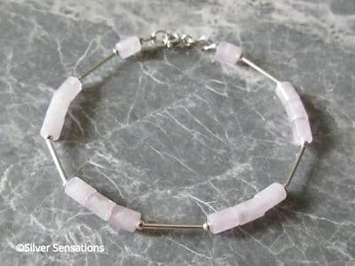 Baby Pink Rose Quartz Small Tube Beads & Sterling Silver Tubes Bracelet