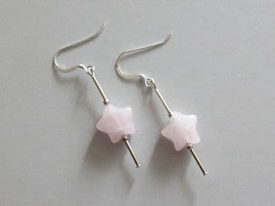 Baby Pink Rose Quartz Star & Sterling Silver Tubes Earrings