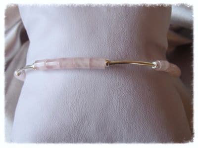 Baby Pink Rose Quartz Tube Bead Columns & Sterling Silver Curves Bracelet