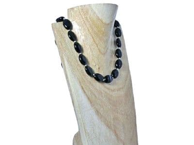Black Agate Ovals & Sterling Silver Beaded Necklace