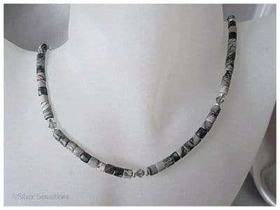 Black Crazy Lace Agate Tubes, Austrian Made Crystals & Sterling Silver Necklace