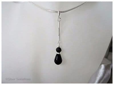 Black Crystal Teardrop & Solid Sterling Silver Curved Bar Pendant