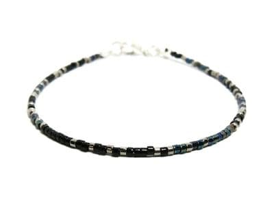 Black, Dark Rainbow Blue & Silver Tiny Seed Bead Bracelet