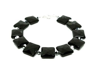Black Faceted Onyx Square Beaded Bracelet With Silver Premium Crystals