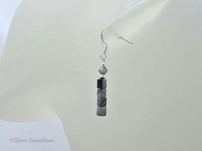 Black & Grey Crazy Lace Agate, Austrian Made Crystals & Sterling Silver Earrings