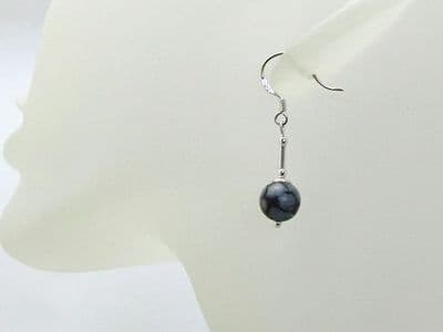 Black & Grey Snowflake Obsidian Earrings With Sterling Silver Tubes