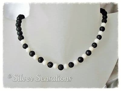 Black Lava Stone & Off White Coral Sterling Silver Necklace