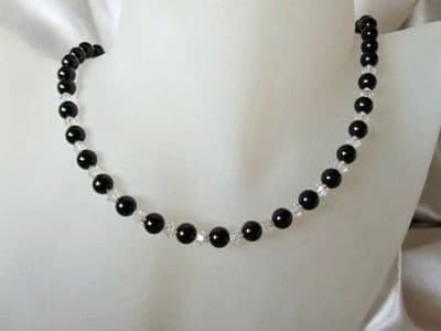 Black Onyx & Austrian Made Crystals Sterling Silver Necklace
