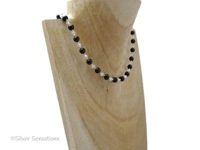 Black Onyx, Austrian Made Crystals & Sterling Silver Necklace
