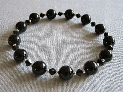 Black Onyx, Black Crystals & Sterling Silver Beaded Stretchy Bracelet