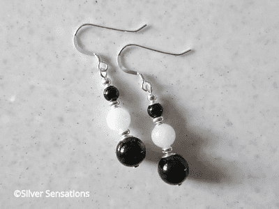 Black Onyx & Bright White Jade & Sterling Silver Earrings